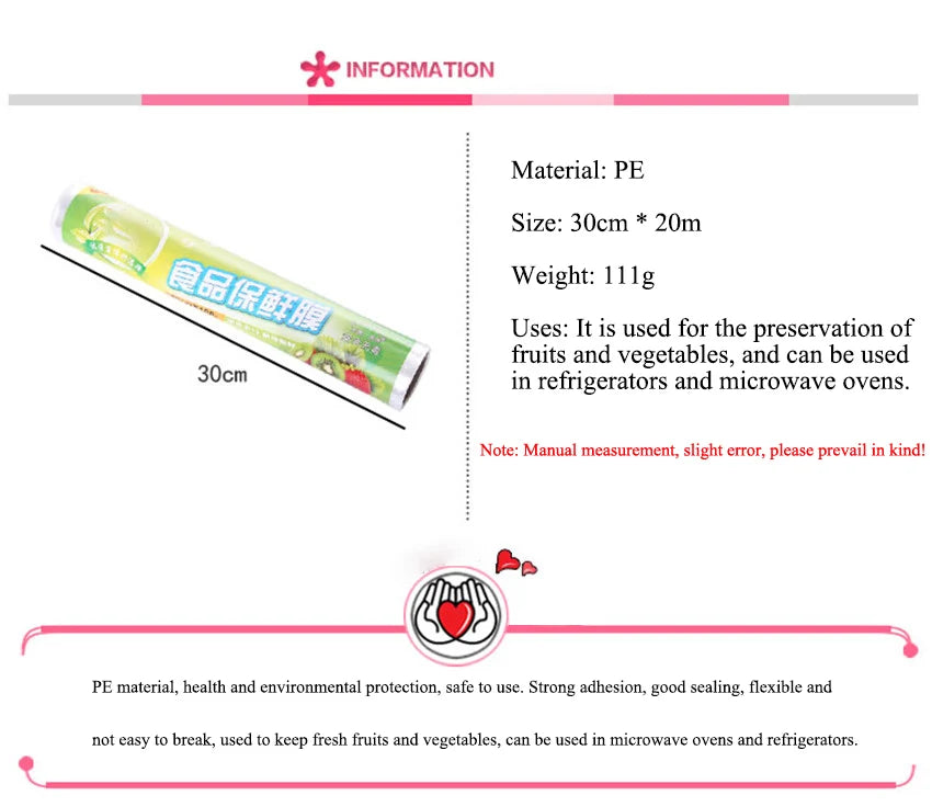1PC PE Household Disposable Food Cling Film Food Plastic Wrap For Kitchen Refrigerator Vegetable Fruits Food Cling Wrap 30cm*20m