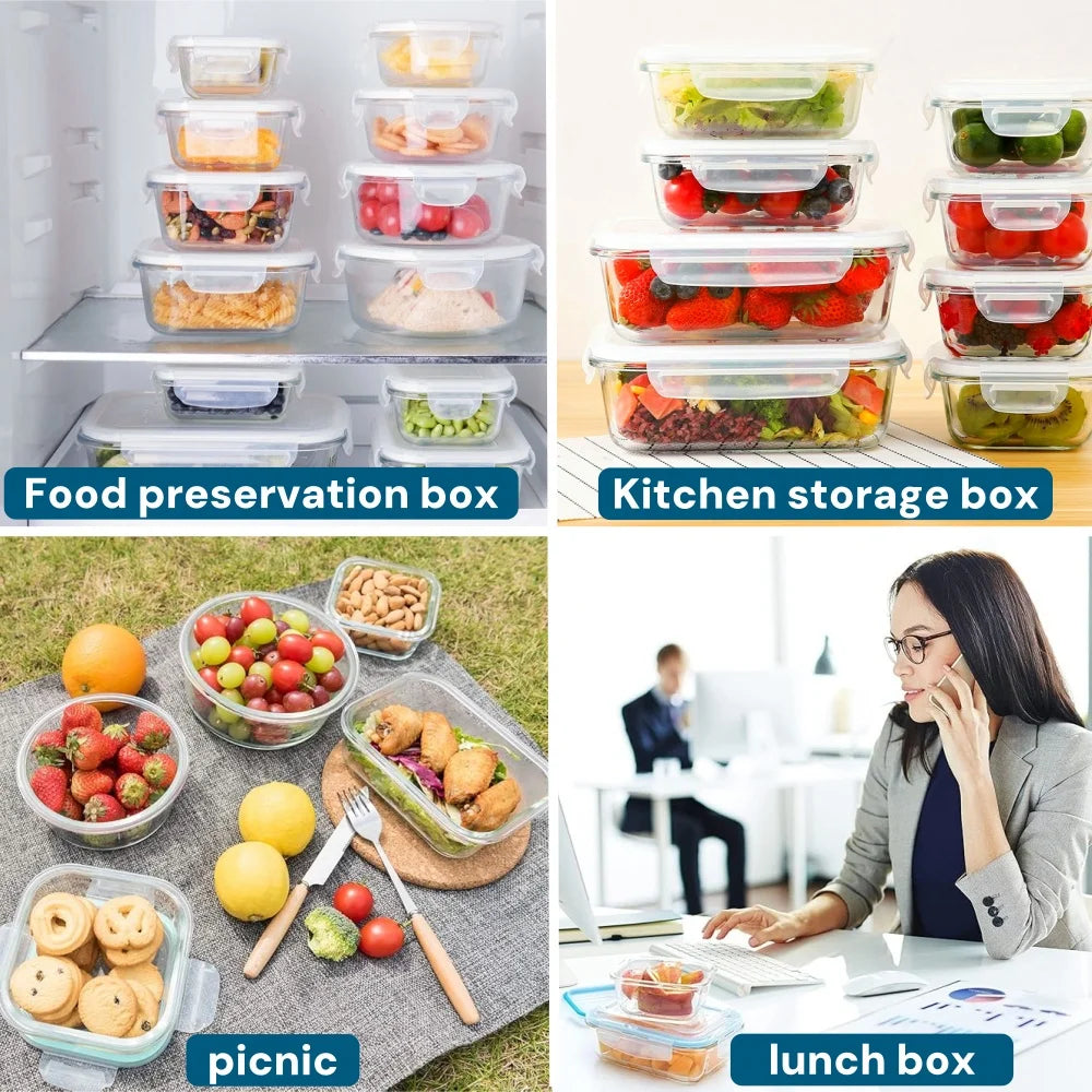 Glass Meal Prep Containers Lunch Box, Food Storage Containers with Locking Lids, Airtight Bento Box, Microwave Oven, Dishwasher