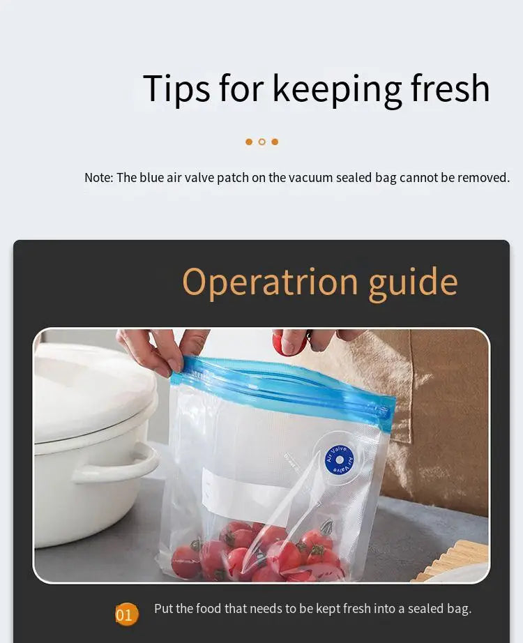Zippered vacuum food storage bags with a handheld electric air pump, ideal for kitchen and refrigerator organization