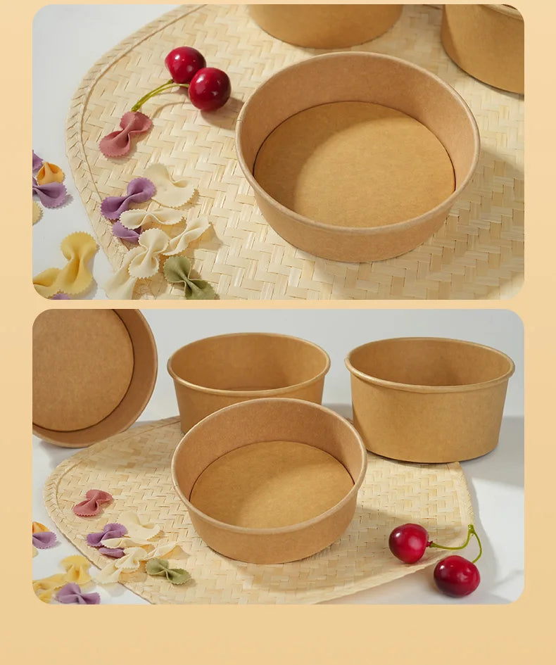 25pcs Disposable Paper Salad Bowls With Transparent Lids, Disposable Round Kraft Paper Food Containers, Party Bowls