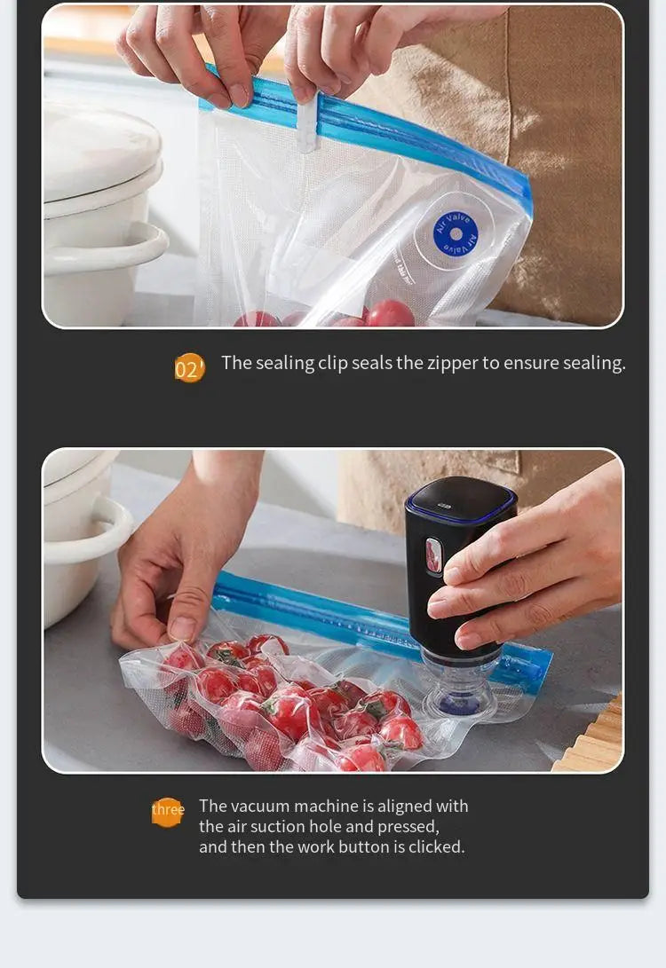 Zippered vacuum food storage bags with a handheld electric air pump, ideal for kitchen and refrigerator organization