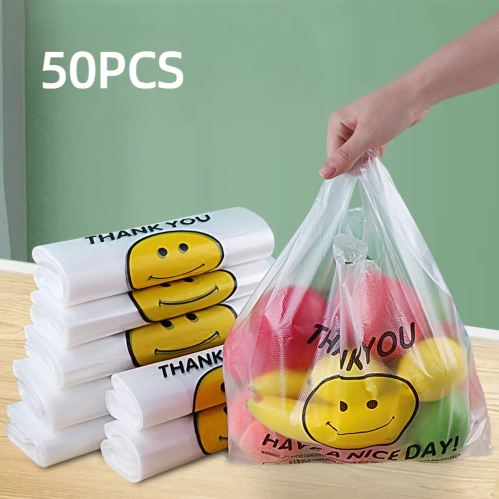 50Pcs Plastic Bag 3 Sizes Food Storage Bags with Handle supermarket Grocery Shopping Useful Shopping Bag Kitchen Storage Basket
