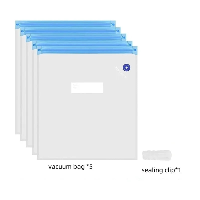 Zippered vacuum food storage bags with a handheld electric air pump, ideal for kitchen and refrigerator organization