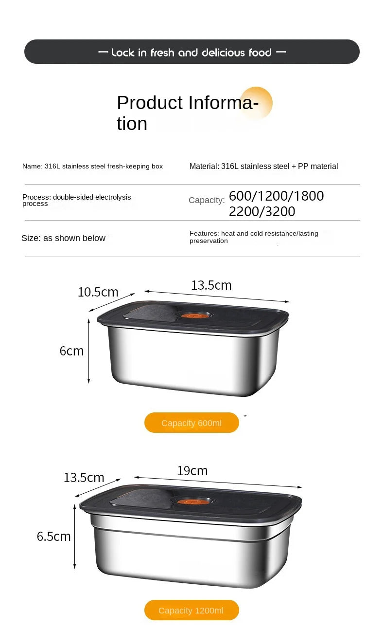 316 Stainless Steel Crisper, Lunch Box, Sealed Leak-proof Bento Box, Refrigerator Freezer Storage Box, Camping Lunch Box