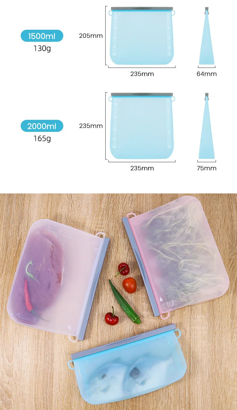 Reusable Silicone Food Storage Bags Thickened Airtight Seal Anti-Odor For Vegetable Fruit Snack Portable Storage Bags