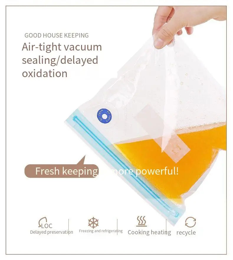 Zippered vacuum food storage bags with a handheld electric air pump, ideal for kitchen and refrigerator organization