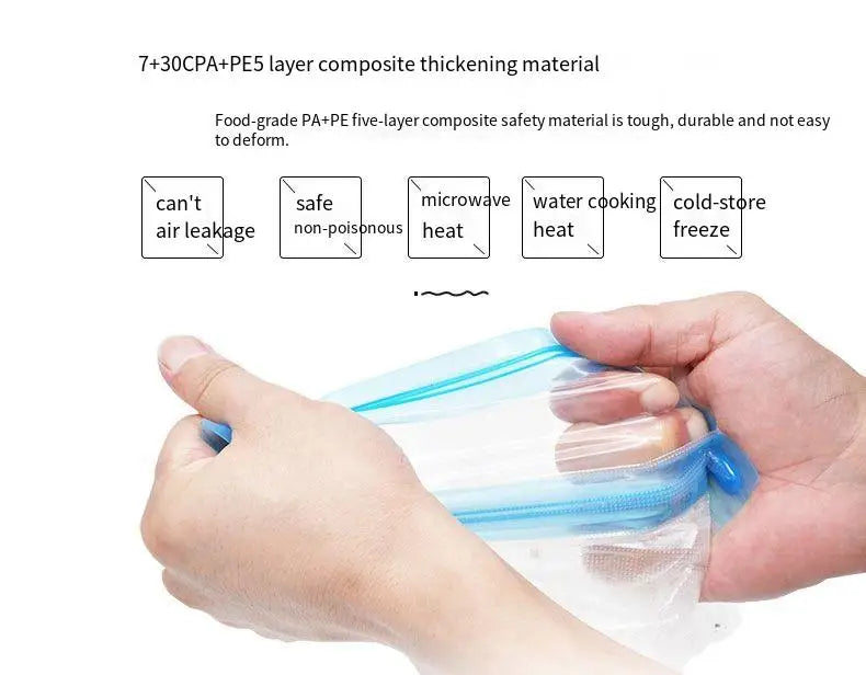 Zippered vacuum food storage bags with a handheld electric air pump, ideal for kitchen and refrigerator organization