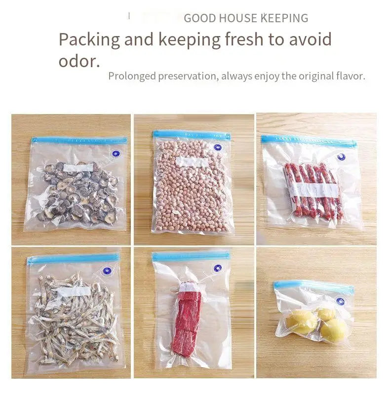 Zippered vacuum food storage bags with a handheld electric air pump, ideal for kitchen and refrigerator organization