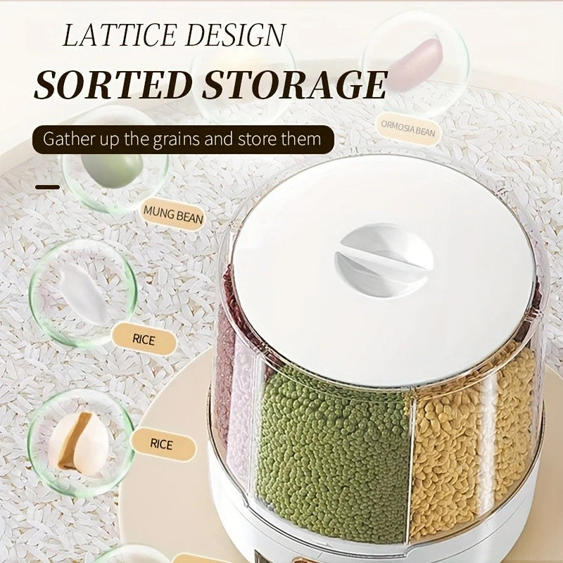 6-Compartment 360° Rotating Airtight Food Storage Container - Moisture-Proof for Cereal, Candy, Rice - Kitchen Pantry Organizer