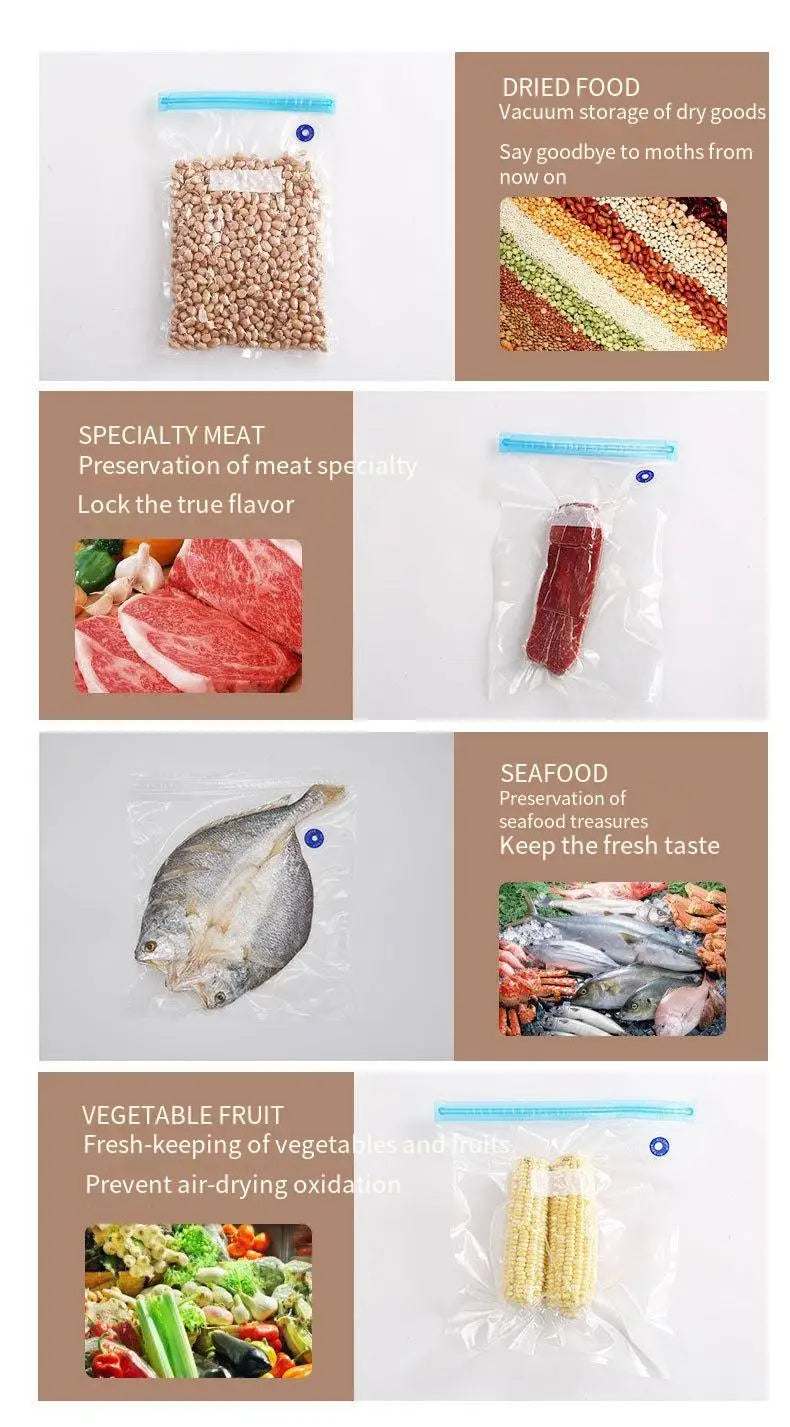 Zippered vacuum food storage bags with a handheld electric air pump, ideal for kitchen and refrigerator organization