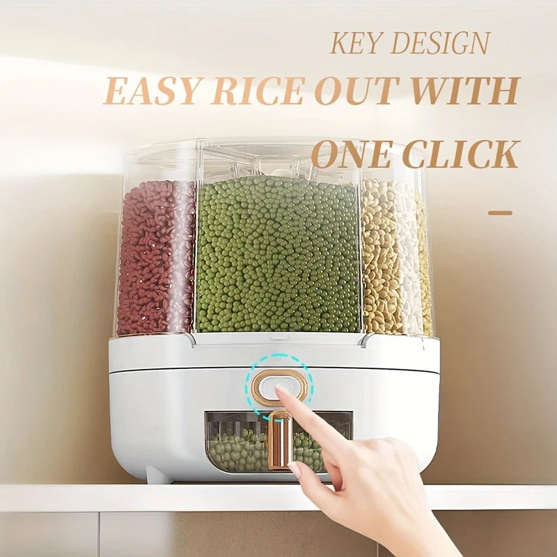 6-Compartment 360° Rotating Airtight Food Storage Container - Moisture-Proof for Cereal, Candy, Rice - Kitchen Pantry Organizer