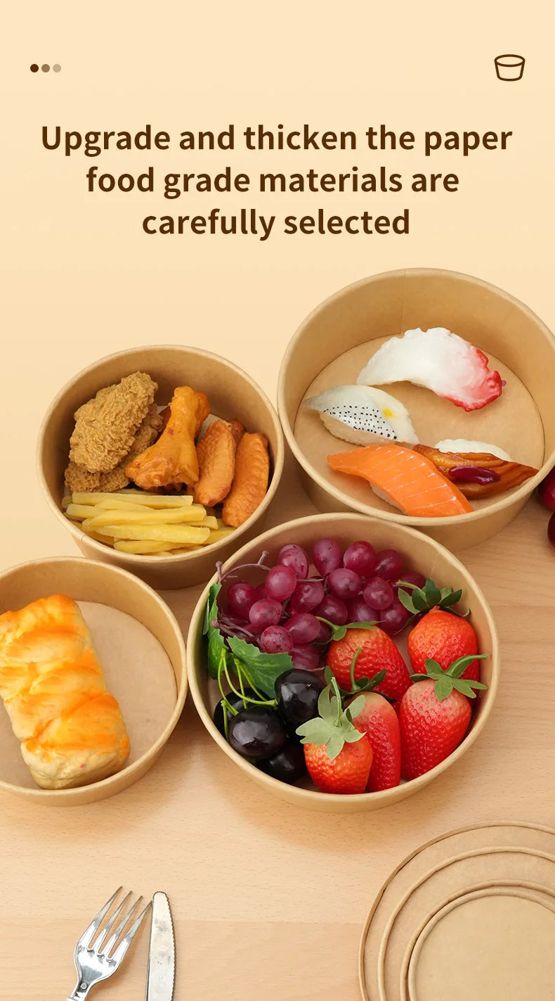 25pcs Disposable Paper Salad Bowls With Transparent Lids, Disposable Round Kraft Paper Food Containers, Party Bowls