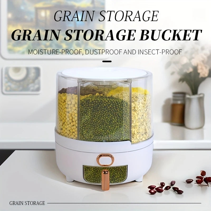 6-Compartment 360° Rotating Airtight Food Storage Container - Moisture-Proof for Cereal, Candy, Rice - Kitchen Pantry Organizer