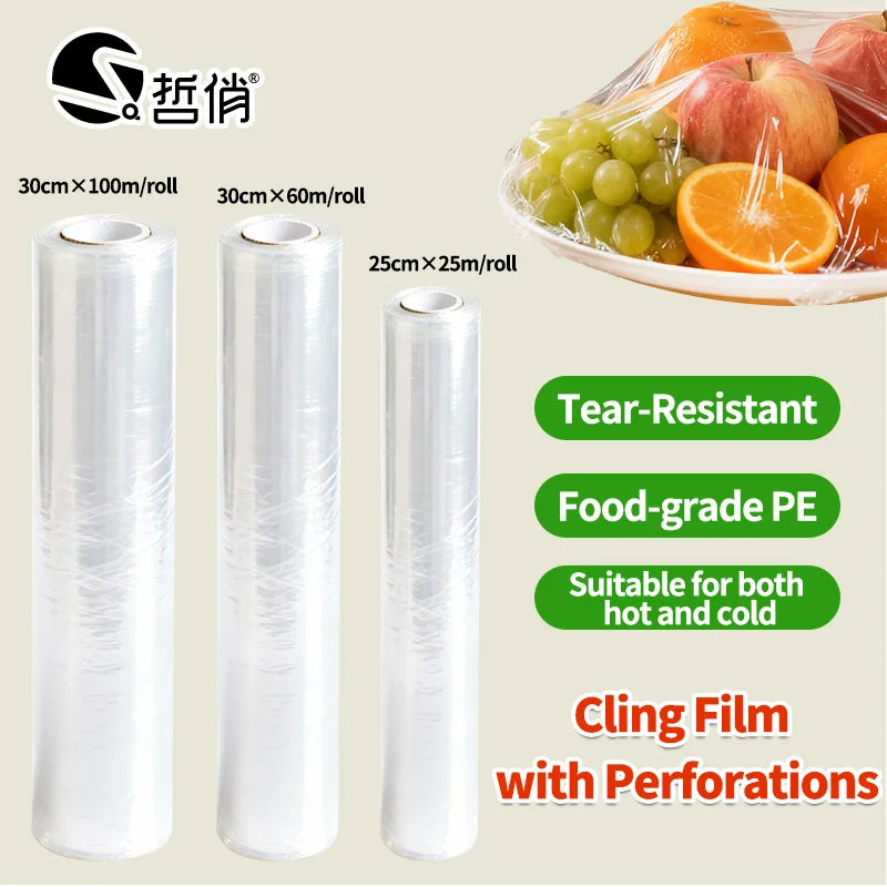 Disposable PE Cling Film With Perforated Cutting Line Extra Thick Strong Clingy Plastic Food Wrap For Refrigerator Fresh Keeping