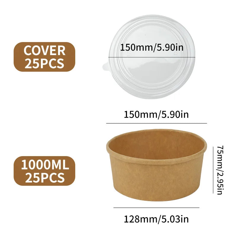 25pcs Disposable Paper Salad Bowls With Transparent Lids, Disposable Round Kraft Paper Food Containers, Party Bowls