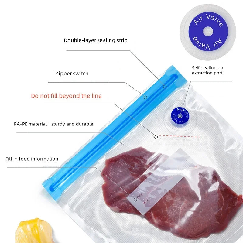 Zippered vacuum food storage bags with a handheld electric air pump, ideal for kitchen and refrigerator organization