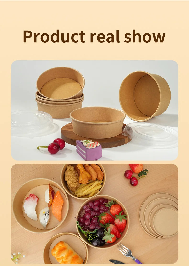 25pcs Disposable Paper Salad Bowls With Transparent Lids, Disposable Round Kraft Paper Food Containers, Party Bowls