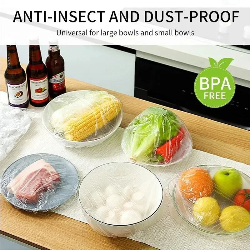 100/50pcs Disposable Food Cover Dust Food Grade Fresh Lids Elastic Plastic Wrap Shower Cap Fruit Food Cover Fresh Keeping Bag