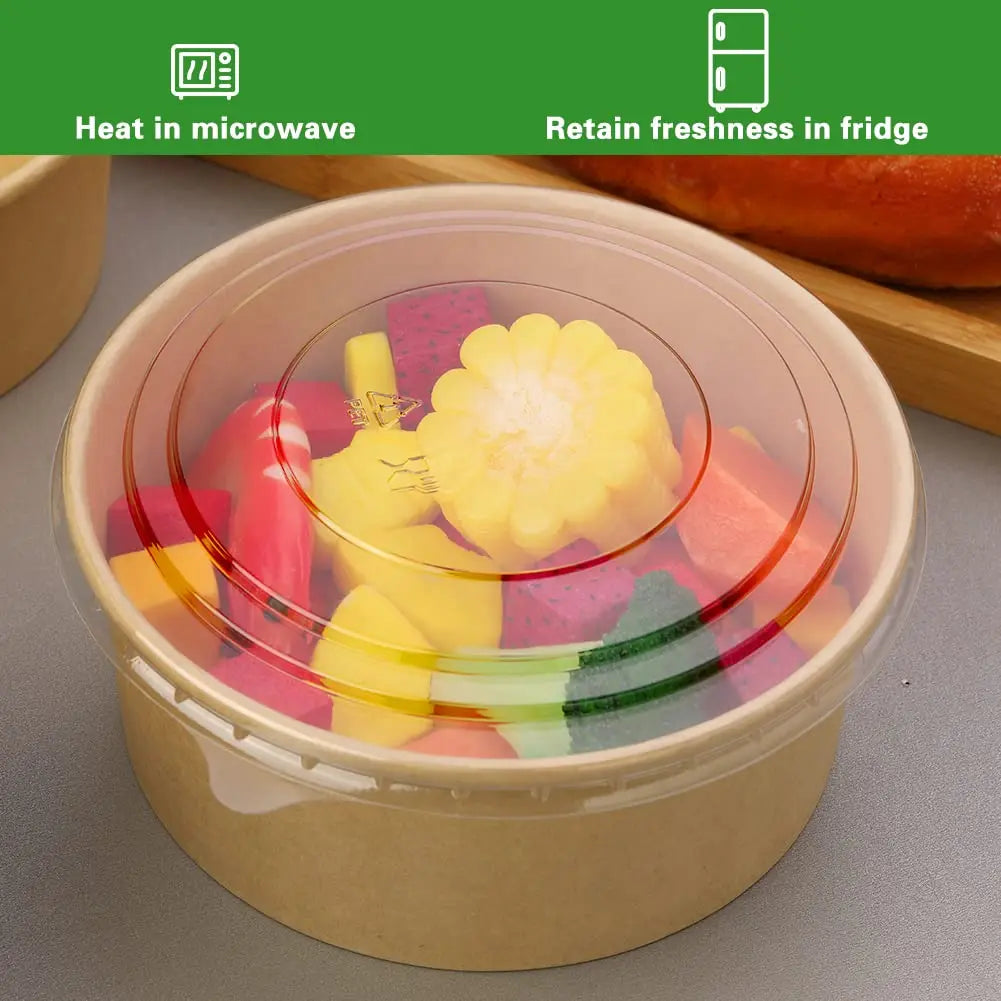 25pcs Disposable Paper Salad Bowls With Transparent Lids, Disposable Round Kraft Paper Food Containers, Party Bowls
