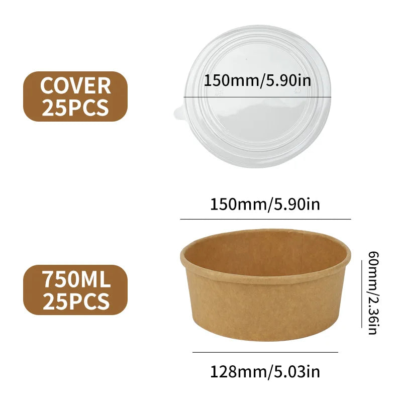 25pcs Disposable Paper Salad Bowls With Transparent Lids, Disposable Round Kraft Paper Food Containers, Party Bowls