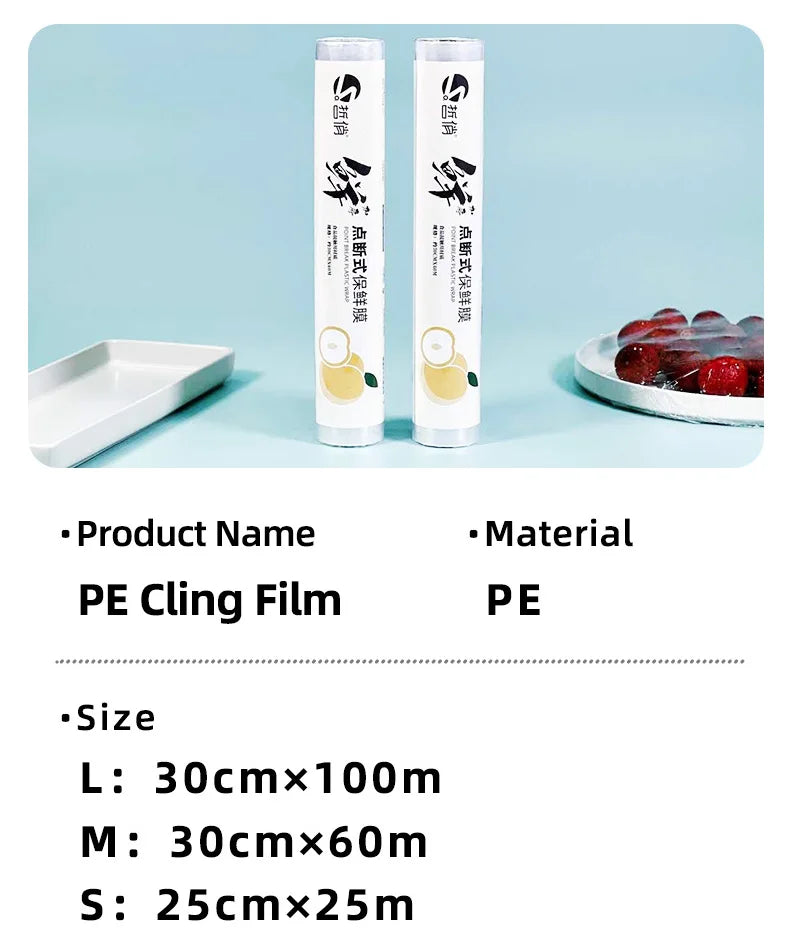 Disposable PE Cling Film With Perforated Cutting Line Extra Thick Strong Clingy Plastic Food Wrap For Refrigerator Fresh Keeping
