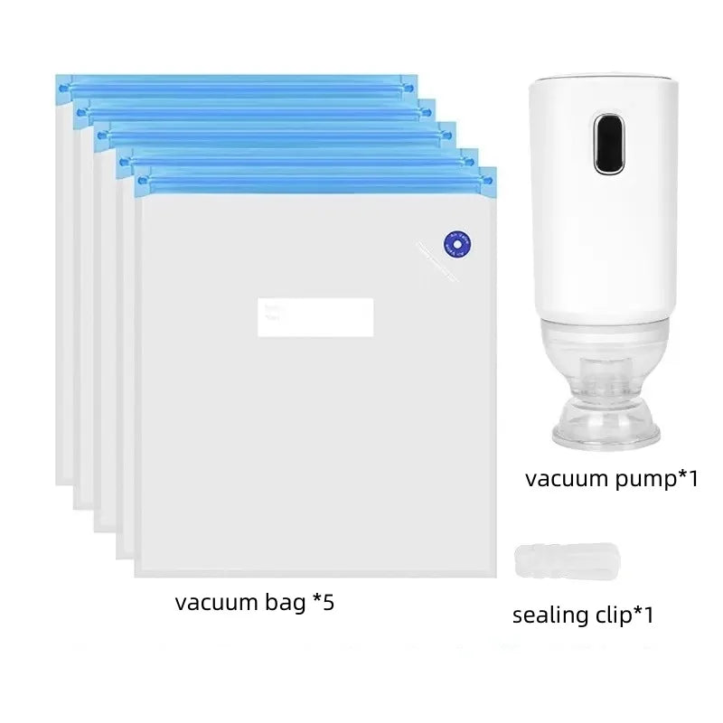Zippered vacuum food storage bags with a handheld electric air pump, ideal for kitchen and refrigerator organization
