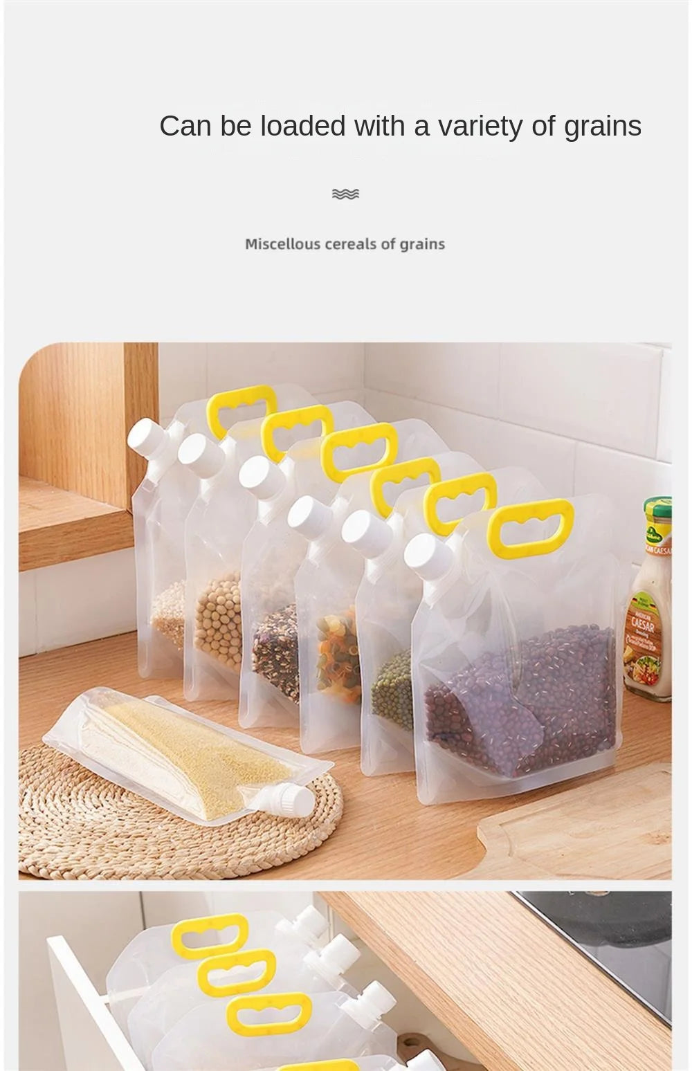 4Pcs Sealed Bags Set Grain Sugar Storage Pouch Kitchen Airtight Containers Bags Food Grade Large Diameter Sealed Pouch Household