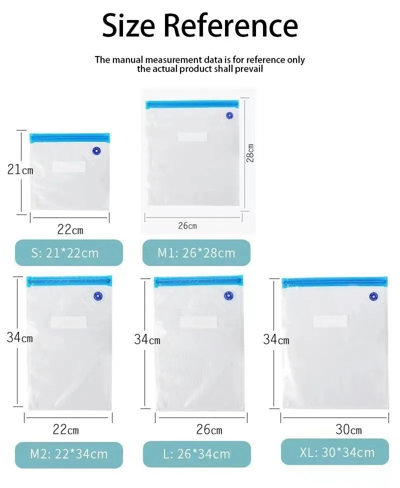 Zippered vacuum food storage bags with a handheld electric air pump, ideal for kitchen and refrigerator organization