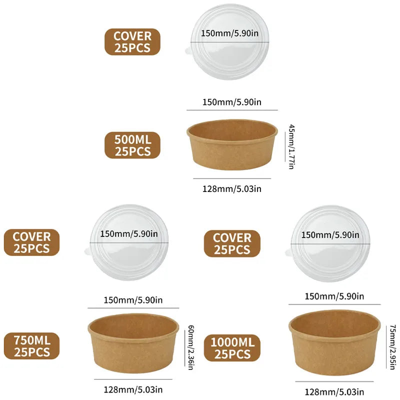 25pcs Disposable Paper Salad Bowls With Transparent Lids, Disposable Round Kraft Paper Food Containers, Party Bowls