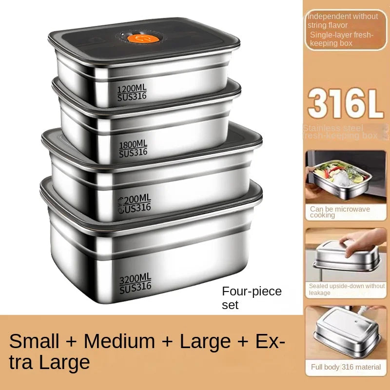 316 Stainless Steel Crisper, Lunch Box, Sealed Leak-proof Bento Box, Refrigerator Freezer Storage Box, Camping Lunch Box