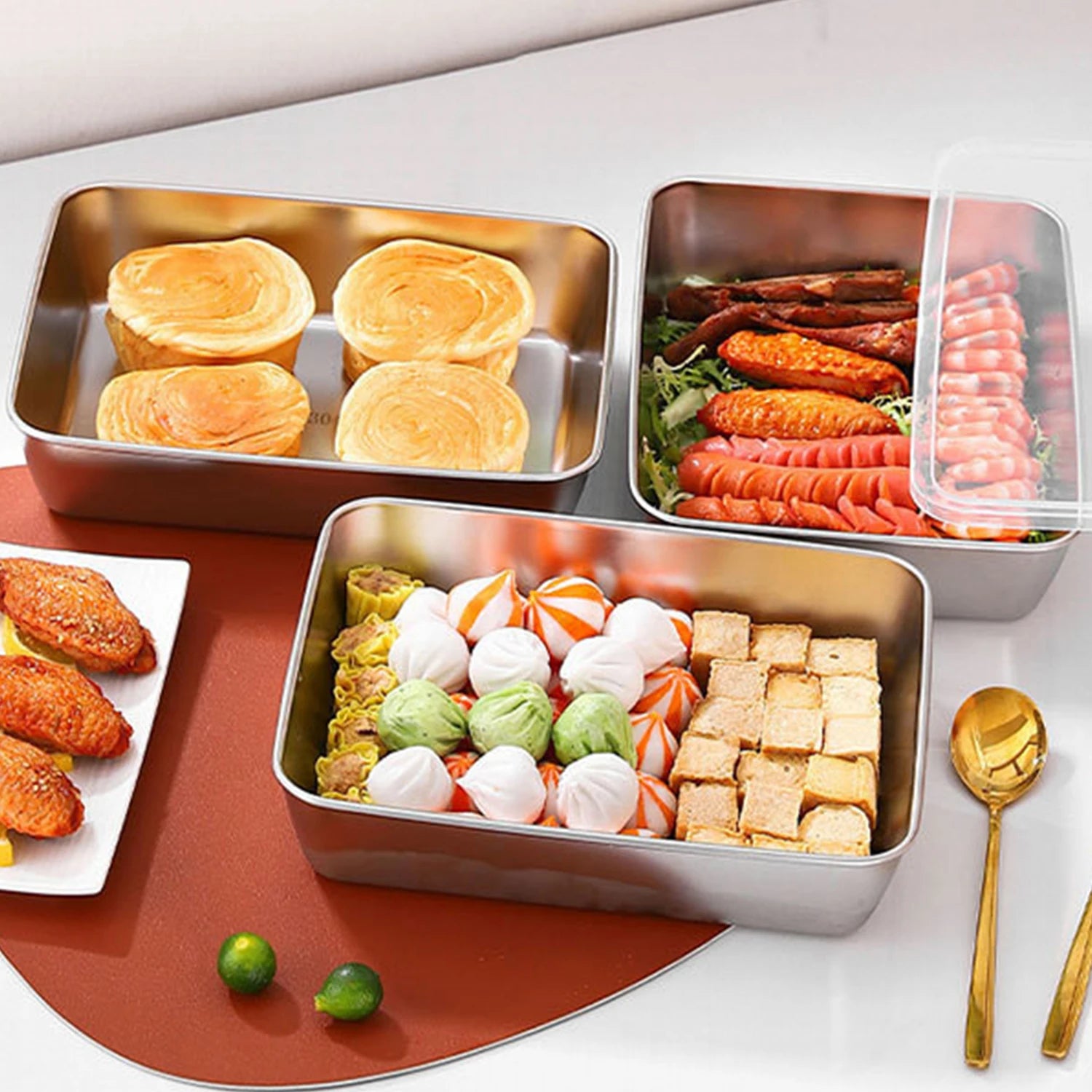 6pcs Stainless Steel Food Storage Container Large Capacity Suitable for Vegetables Fruits Fresh Meat and Various Foods