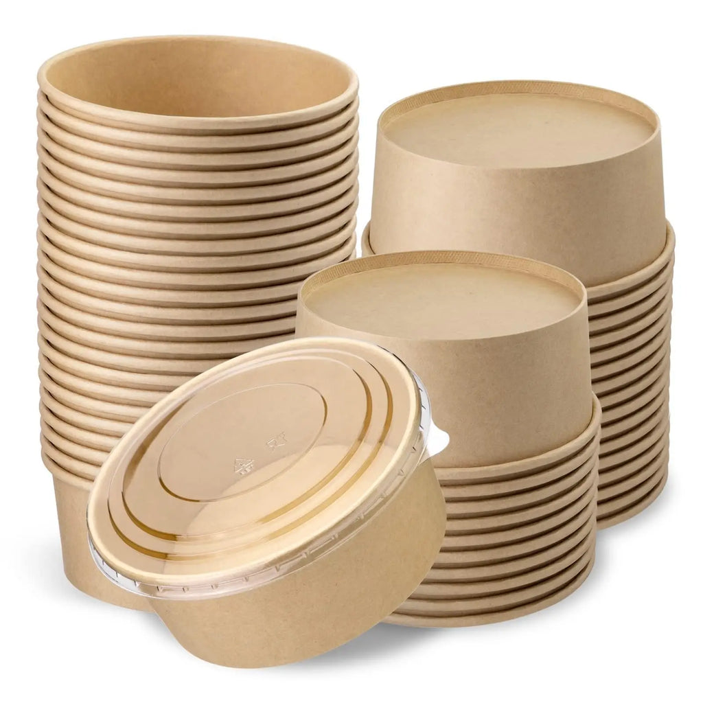 25pcs Disposable Paper Salad Bowls With Transparent Lids, Disposable Round Kraft Paper Food Containers, Party Bowls