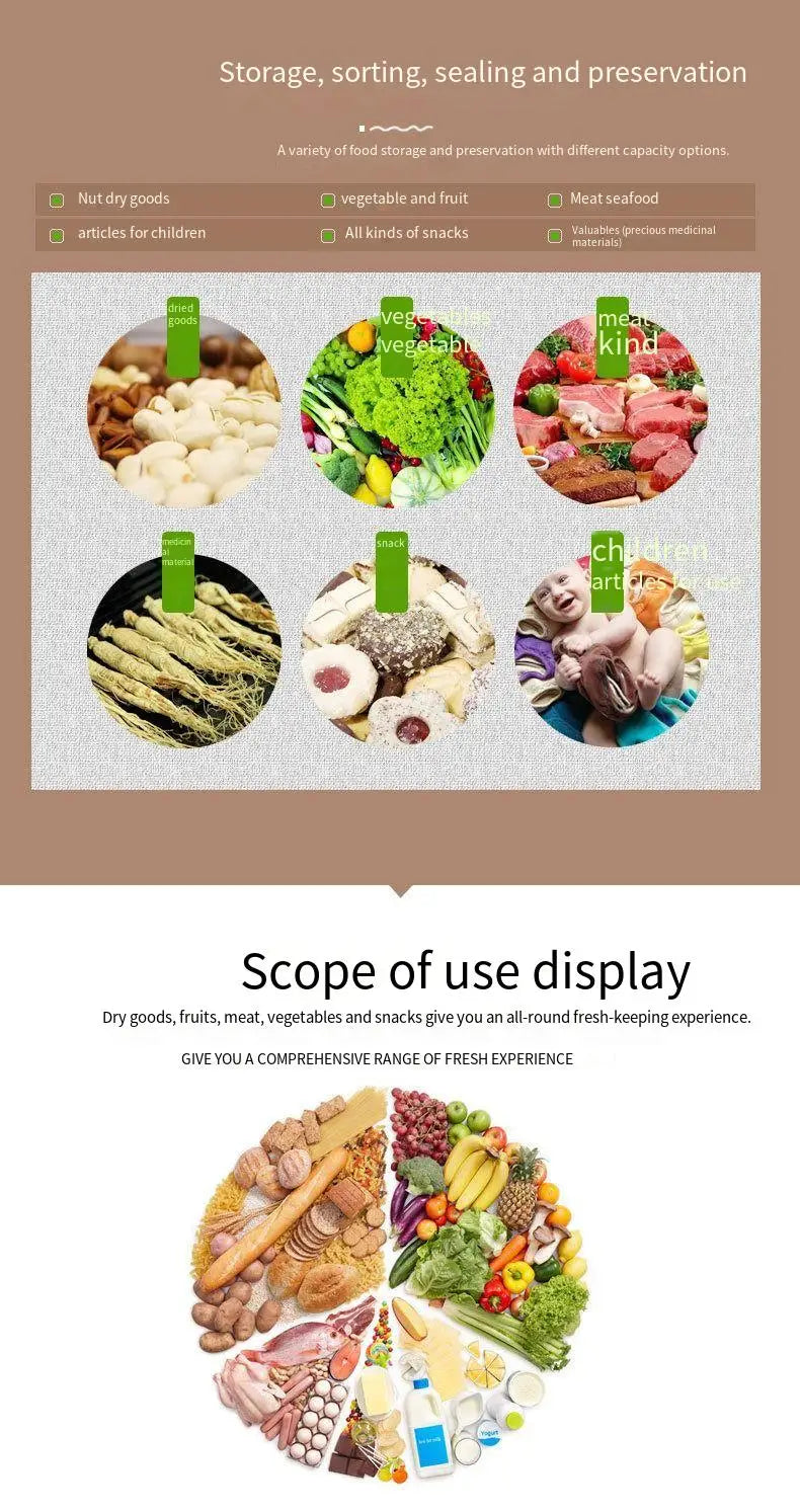 Zippered vacuum food storage bags with a handheld electric air pump, ideal for kitchen and refrigerator organization