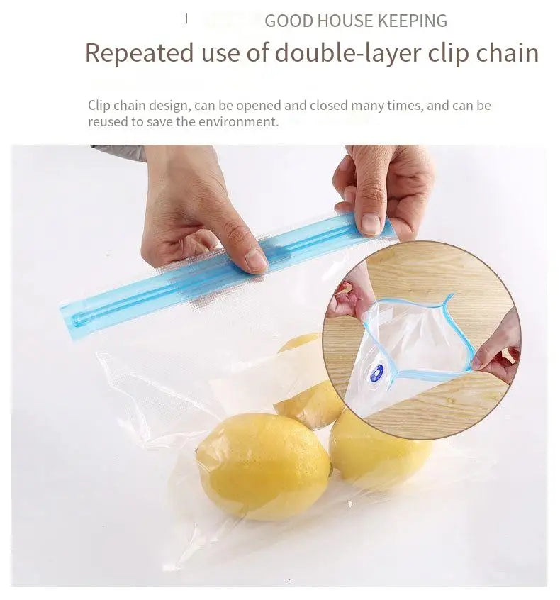 Zippered vacuum food storage bags with a handheld electric air pump, ideal for kitchen and refrigerator organization