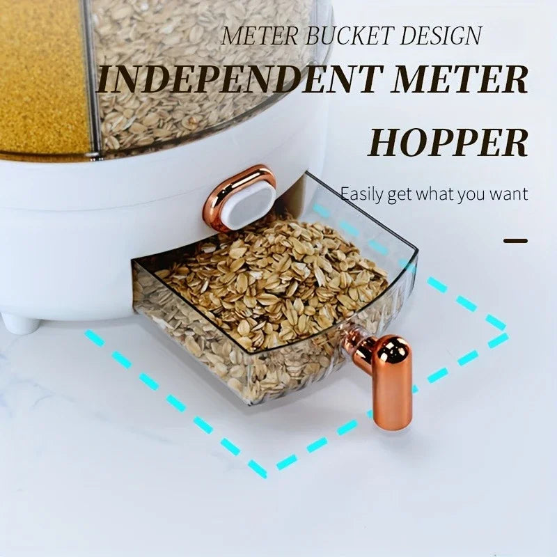 6-Compartment 360° Rotating Airtight Food Storage Container - Moisture-Proof for Cereal, Candy, Rice - Kitchen Pantry Organizer