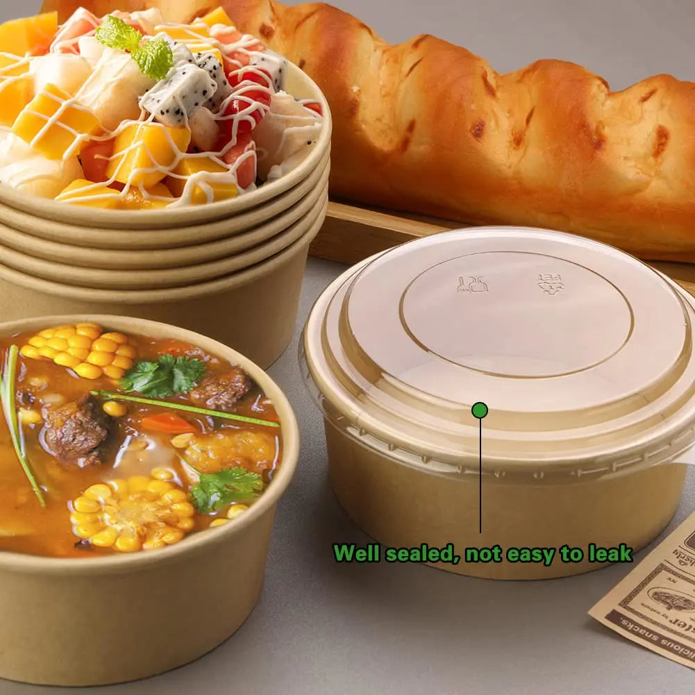 25pcs Disposable Paper Salad Bowls With Transparent Lids, Disposable Round Kraft Paper Food Containers, Party Bowls