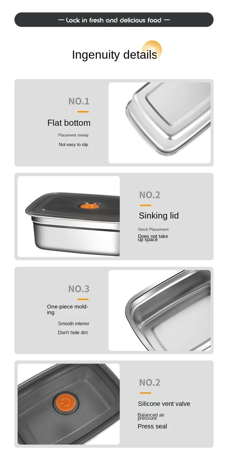 316 Stainless Steel Crisper, Lunch Box, Sealed Leak-proof Bento Box, Refrigerator Freezer Storage Box, Camping Lunch Box