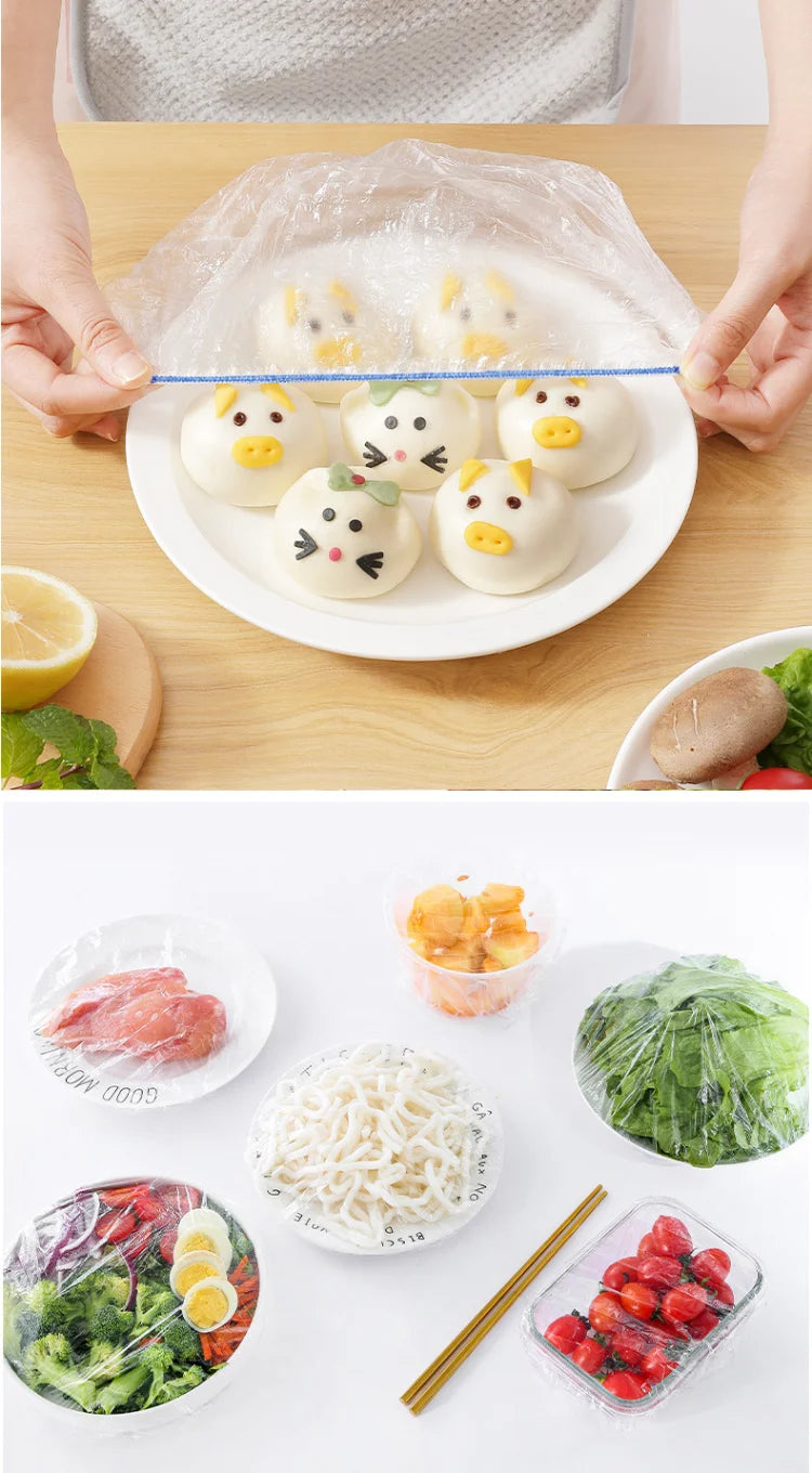 Colorful Disposable Food Cover Dust Food Grade Fresh Lids Elastic Plastic Wrap Shower Cap Fruit Food Cover Fresh Keeping Bag