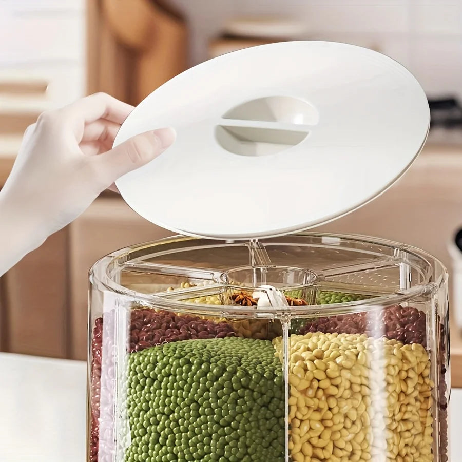 6-Compartment 360° Rotating Airtight Food Storage Container - Moisture-Proof for Cereal, Candy, Rice - Kitchen Pantry Organizer