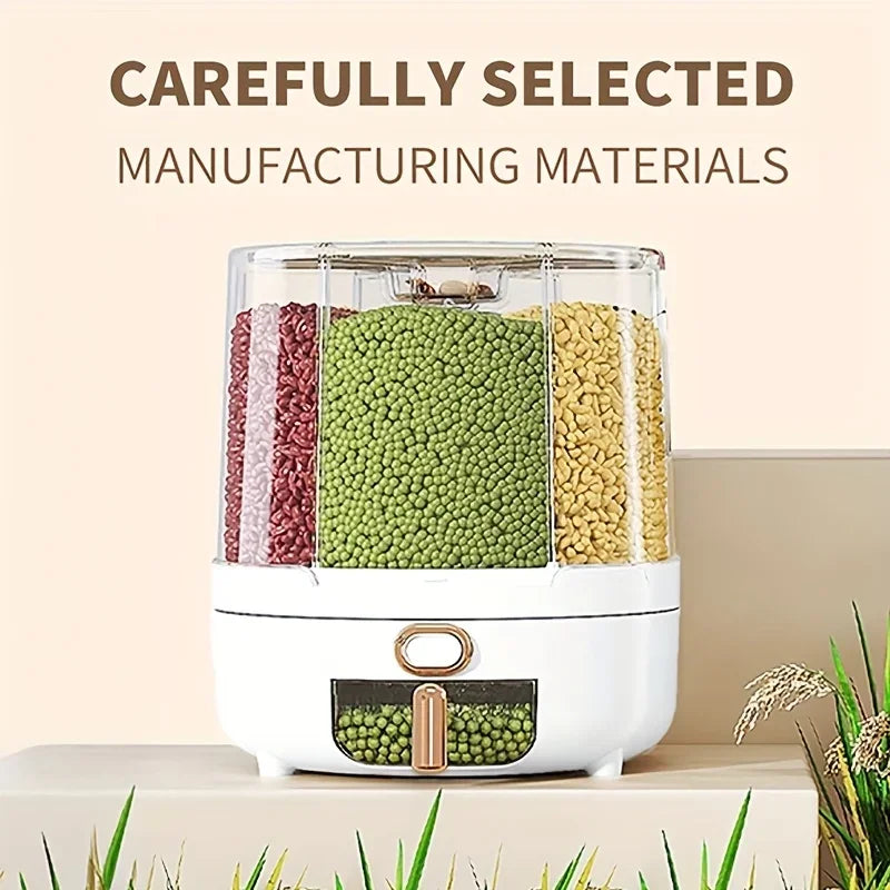 6-Compartment 360° Rotating Airtight Food Storage Container - Moisture-Proof for Cereal, Candy, Rice - Kitchen Pantry Organizer