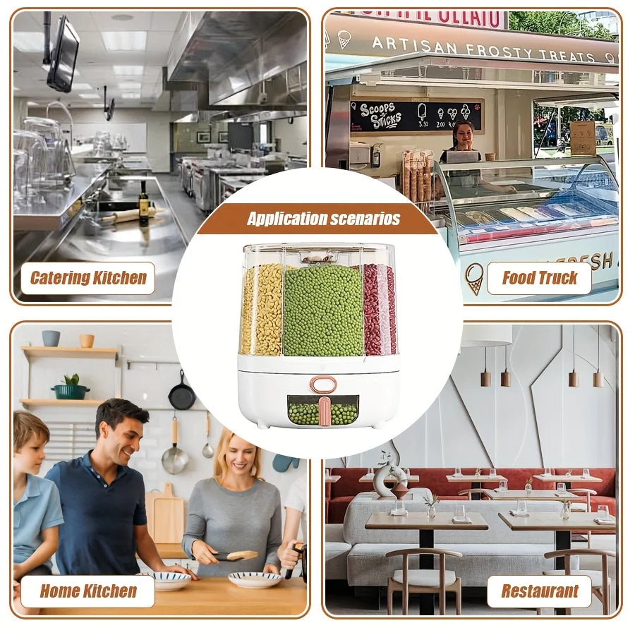 6-Compartment 360° Rotating Airtight Food Storage Container - Moisture-Proof for Cereal, Candy, Rice - Kitchen Pantry Organizer