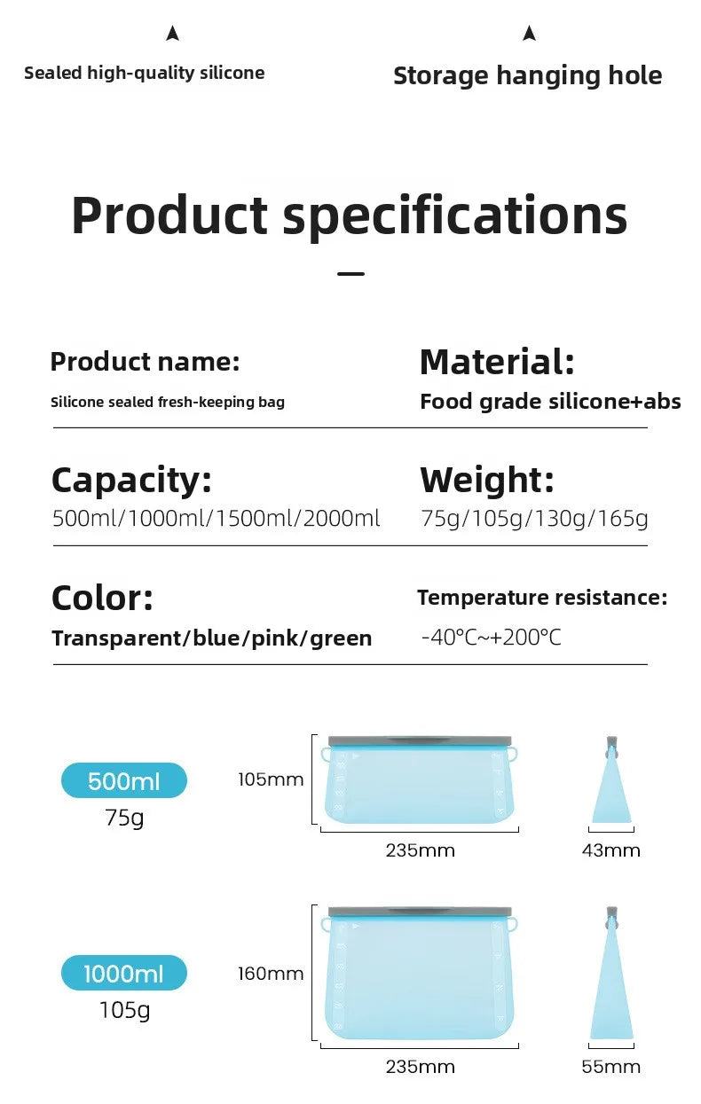 Reusable Silicone Food Storage Bags Thickened Airtight Seal Anti-Odor For Vegetable Fruit Snack Portable Storage Bags
