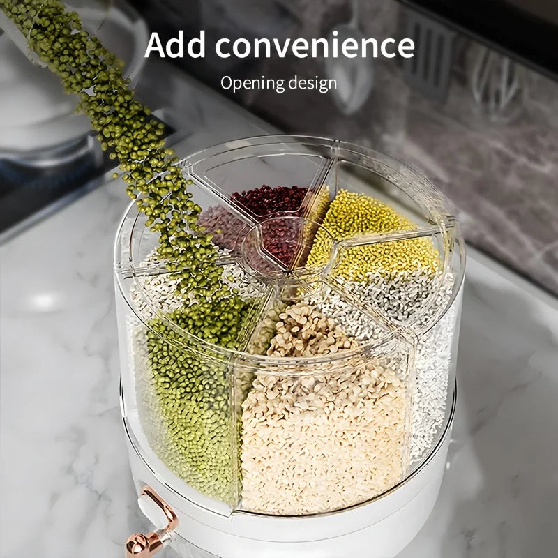 6-Compartment 360° Rotating Airtight Food Storage Container - Moisture-Proof for Cereal, Candy, Rice - Kitchen Pantry Organizer