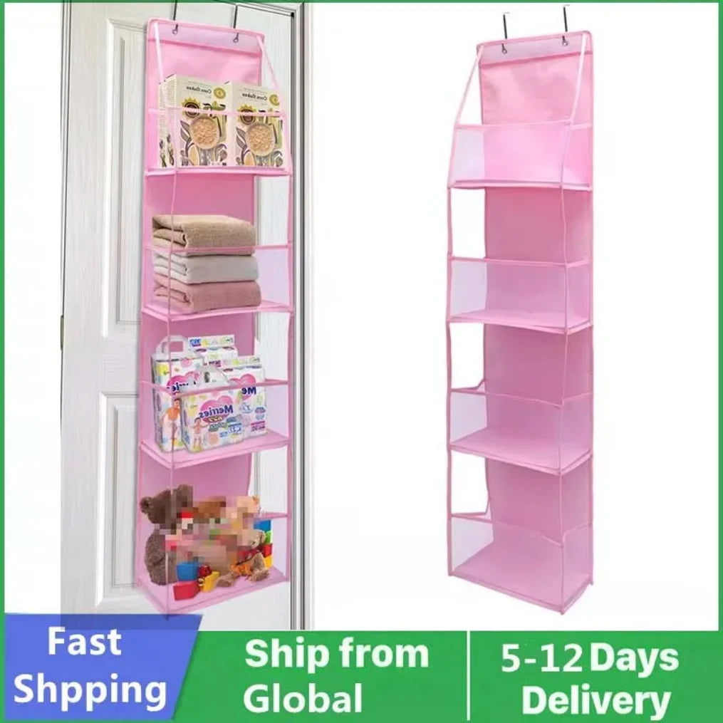 4 Layer Pink Storage Bag Foldable Hanging Organizers for Bathroom Behind The Door Snacks Toys Clothes Storage Holder Accessories
