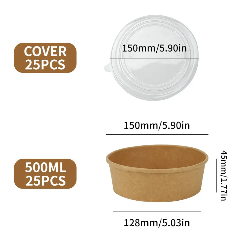 25pcs Disposable Paper Salad Bowls With Transparent Lids, Disposable Round Kraft Paper Food Containers, Party Bowls