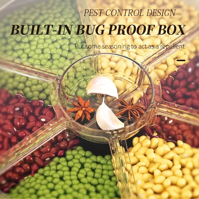 6-Compartment 360° Rotating Airtight Food Storage Container - Moisture-Proof for Cereal, Candy, Rice - Kitchen Pantry Organizer